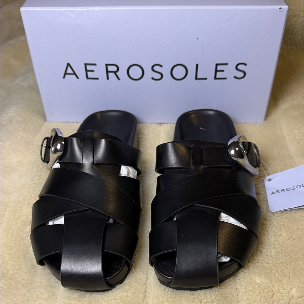 Aerosoles Liberty Fisherman Leather Mules Black Slip On Shoes Ladies 8M - Picture 2 of 16